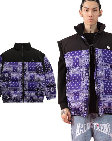 Parka Winter Jacket Men Furry Letter Paisley Printed Patchwork Hip Hop Fashion Loose Warm Cozy Sleeves Detachable Coats-3