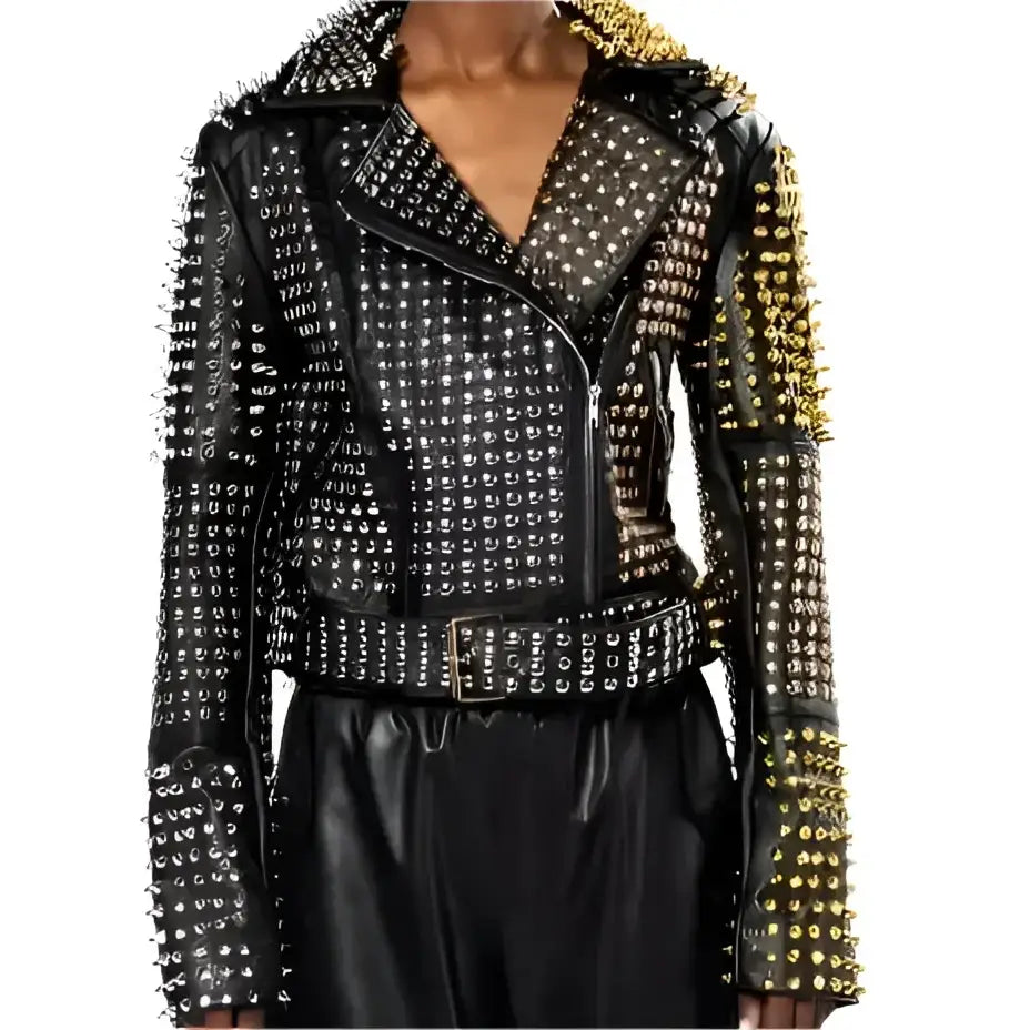 Women’s Punk Long Studded & Spiked Leather Jacket-0