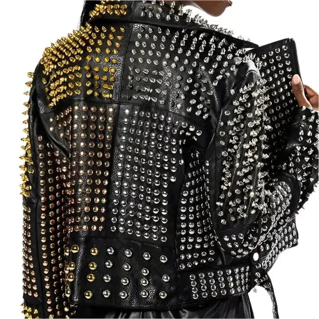 Women’s Punk Long Studded & Spiked Leather Jacket-1