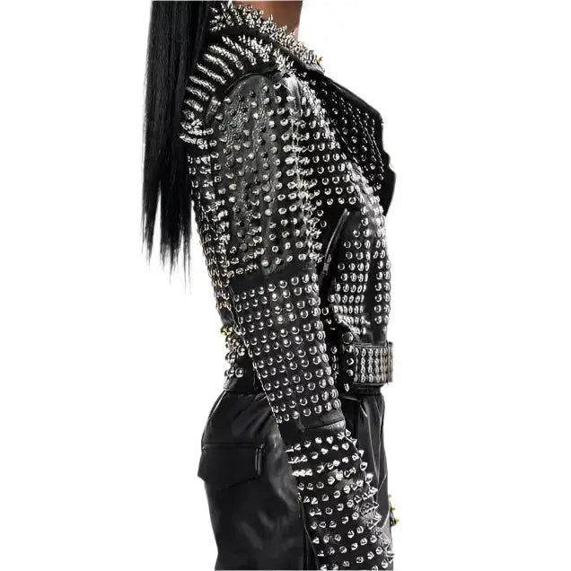 Women’s Punk Long Studded & Spiked Leather Jacket-2