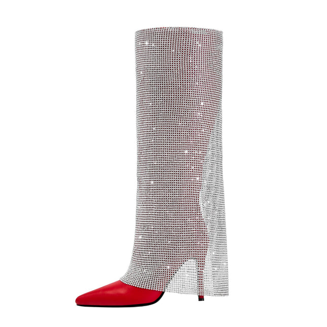 Red Knee High Boots with Silver Glittery Panel-0