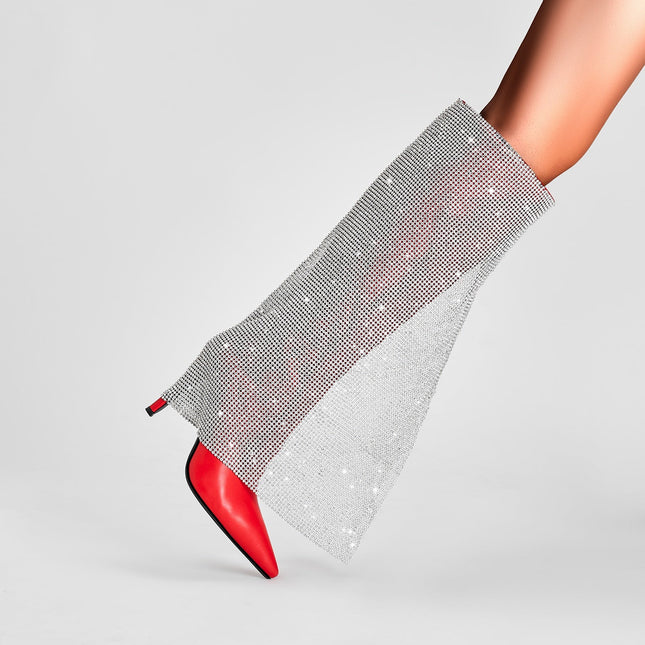 Red Knee High Boots with Silver Glittery Panel-1