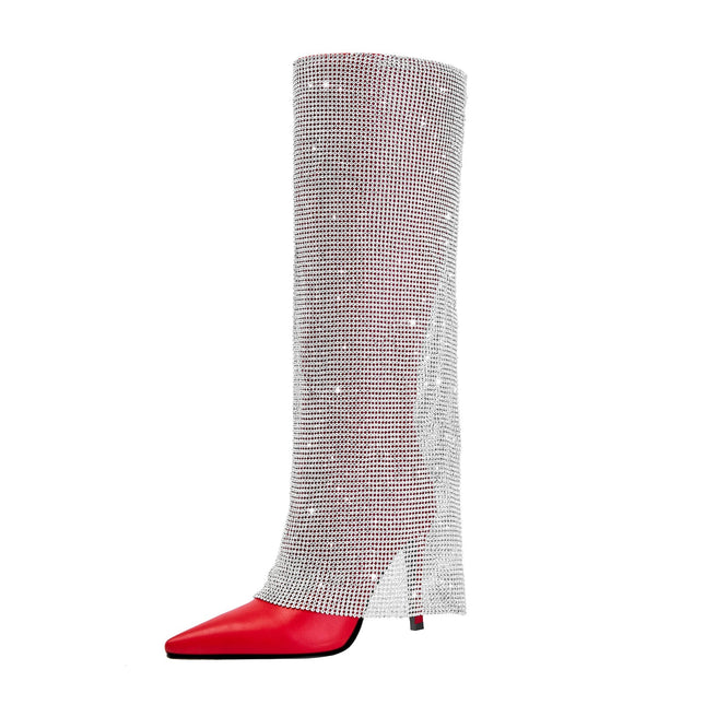 Red Knee High Boots with Silver Glittery Panel-2