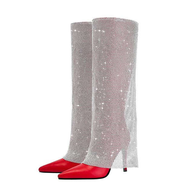 Red Knee High Boots with Silver Glittery Panel-3