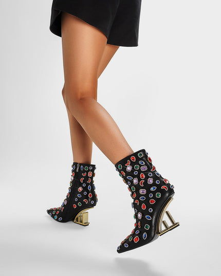 Retro Gem Encrusted Stonehenge Heel Black Ankle Boots-1