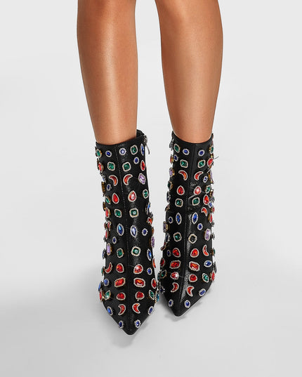Retro Gem Encrusted Stonehenge Heel Black Ankle Boots-3