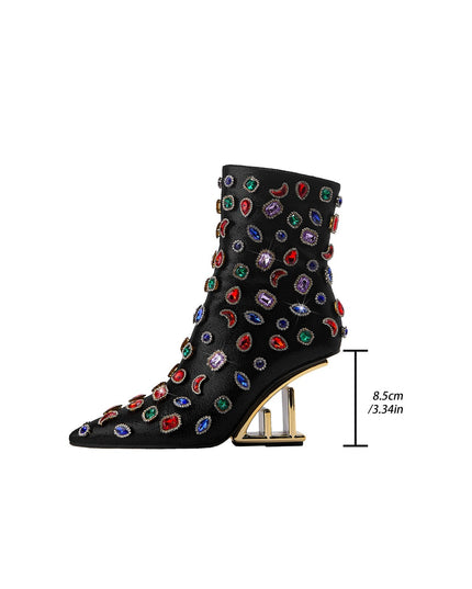 Retro Gem Encrusted Stonehenge Heel Black Ankle Boots-4