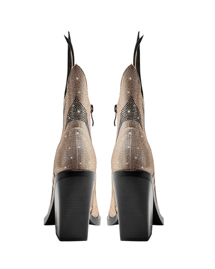 Rhinestone Flame Block Heel Boots-3