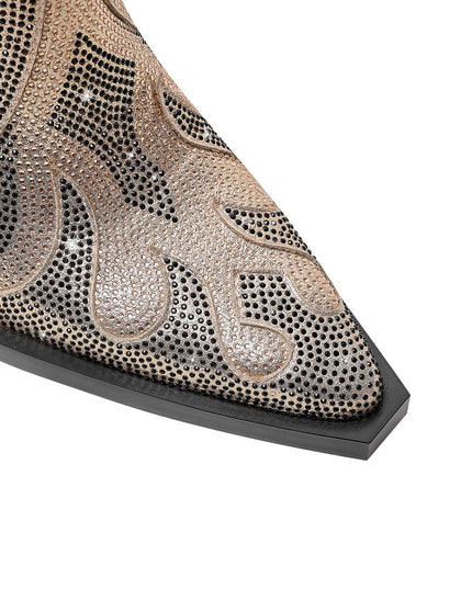 Rhinestone Flame Block Heel Boots-4