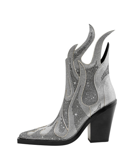 Rhinestone Flame Block Heel Boots-5