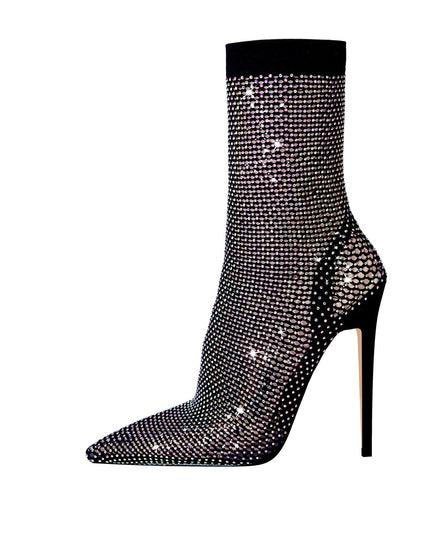 Rhinestone Mesh Bling Pointed Toe Sock Boots-1