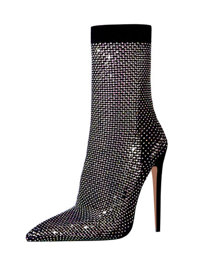 Rhinestone Mesh Bling Pointed Toe Sock Boots-2