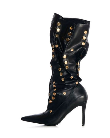 Rivet Encrusted Black Slouchy Stiletto Knee High Boots-0