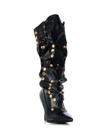 Rivet Encrusted Black Slouchy Stiletto Knee High Boots-1
