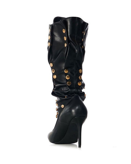 Rivet Encrusted Black Slouchy Stiletto Knee High Boots-2