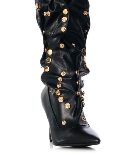 Rivet Encrusted Black Slouchy Stiletto Knee High Boots-3