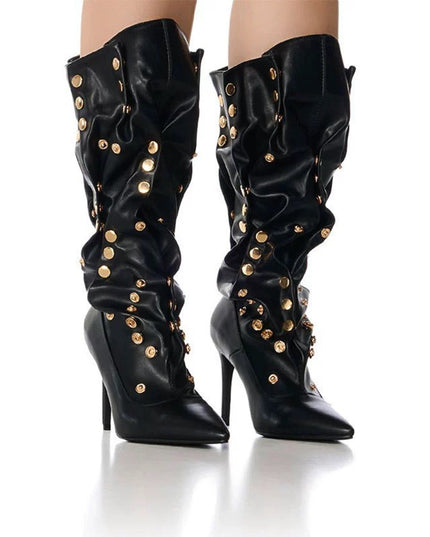 Rivet Encrusted Black Slouchy Stiletto Knee High Boots-4