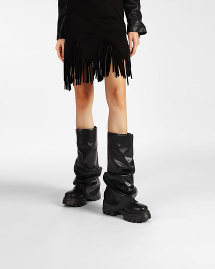 Ruched Leather Round Toe Boots-0