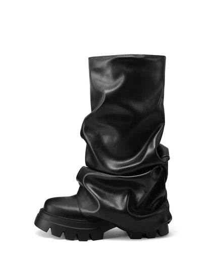 Ruched Leather Round Toe Boots-3