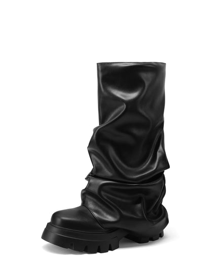 Ruched Leather Round Toe Boots-4