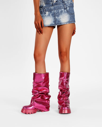 Ruched Leather Round Toe Boots-6