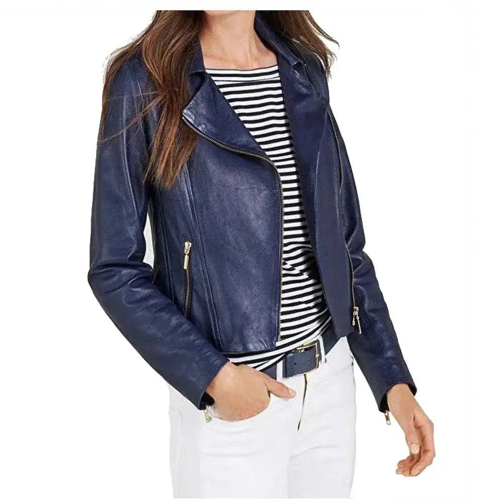 Women's Ruth Langsford Blue Leather Biker Jacket-1