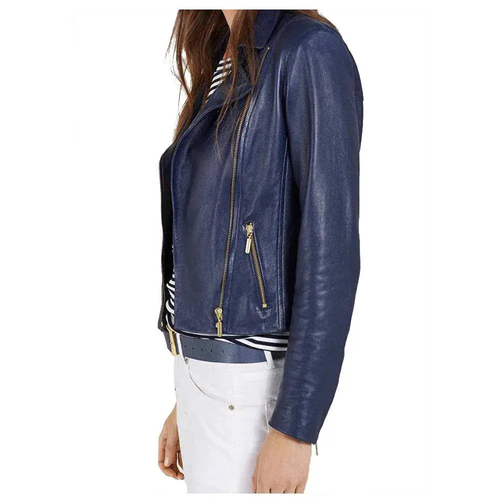Women's Ruth Langsford Blue Leather Biker Jacket-2