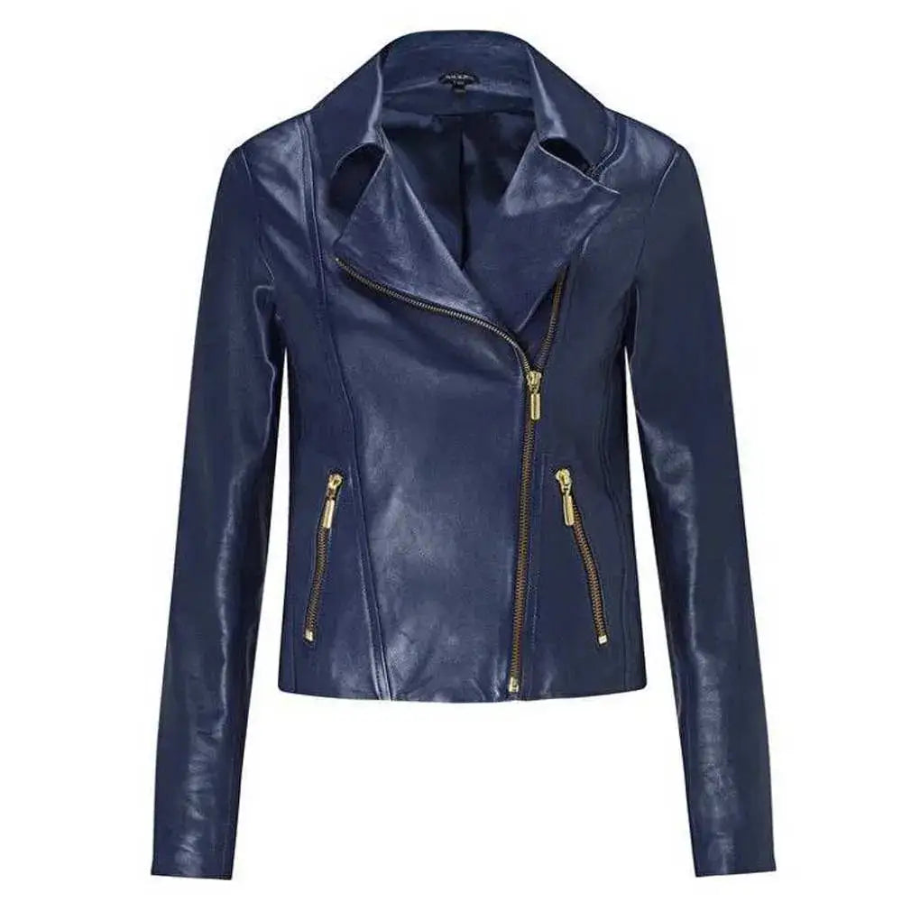Women's Ruth Langsford Blue Leather Biker Jacket-0