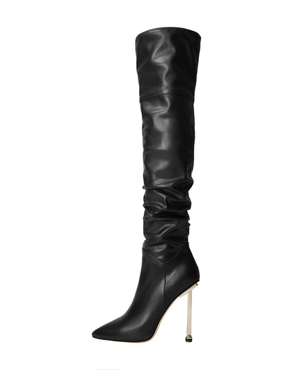 Sexy Pointed Toe Black Ruched Knee High Boots-1