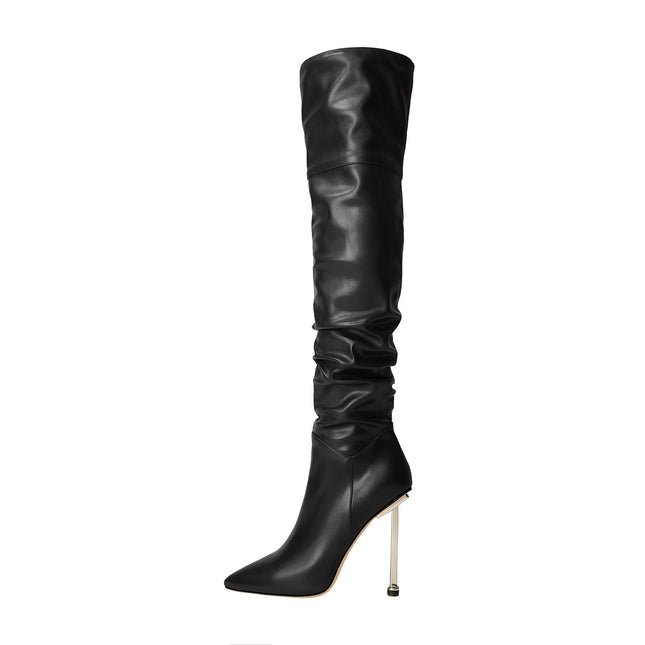 Sexy Pointed Toe Black Ruched Knee High Boots-1