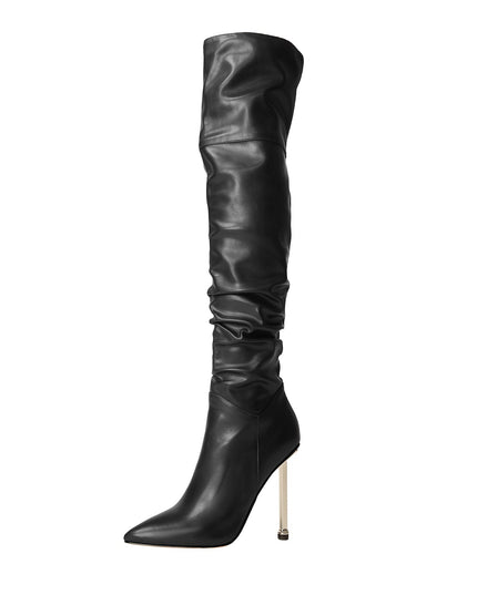 Sexy Pointed Toe Black Ruched Knee High Boots-2