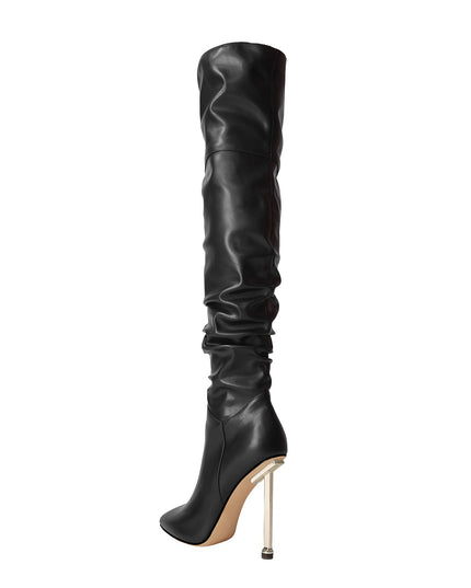 Sexy Pointed Toe Black Ruched Knee High Boots-3