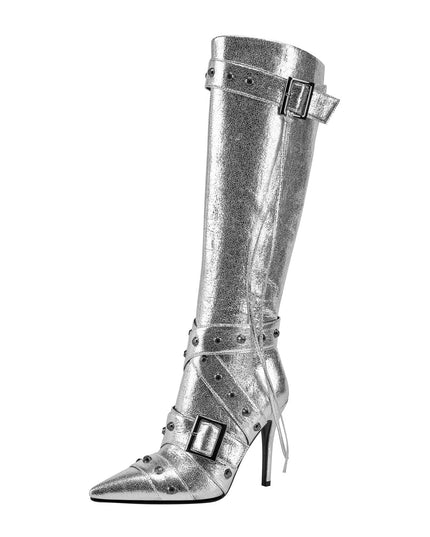 Sexy Silver Buckle Strap Rivet Knee High Boots-3