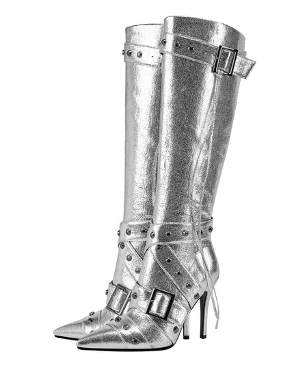 Sexy Silver Buckle Strap Rivet Knee High Boots-4