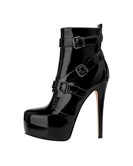 Shiny Black Leather Buckle Vinyl Ankle Boots-1