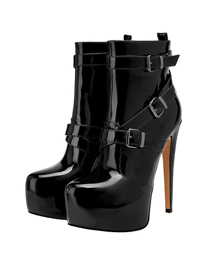 Shiny Black Leather Buckle Vinyl Ankle Boots-3
