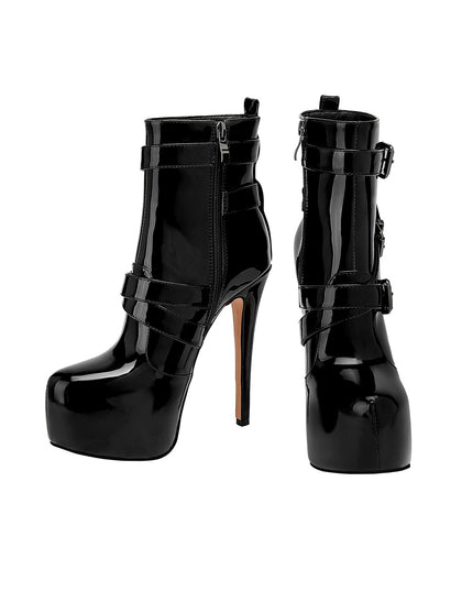 Shiny Black Leather Buckle Vinyl Ankle Boots-4