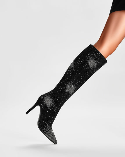 Silver Crystal Burst Black Pointed Knee High Boots-1