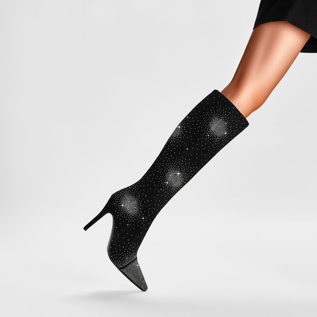 Silver Crystal Burst Black Pointed Knee High Boots-1