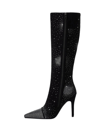 Silver Crystal Burst Black Pointed Knee High Boots-2