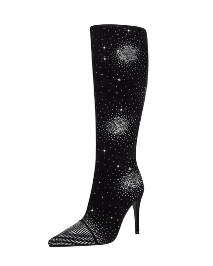 Silver Crystal Burst Black Pointed Knee High Boots-3