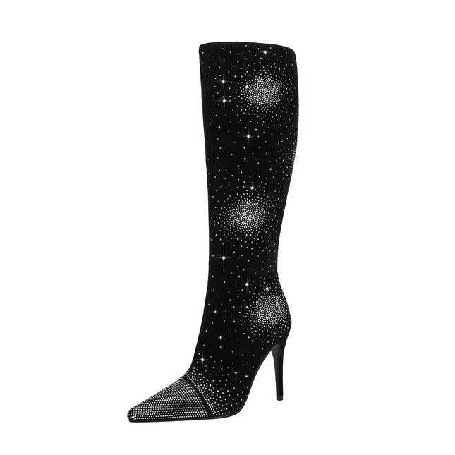 Silver Crystal Burst Black Pointed Knee High Boots-3