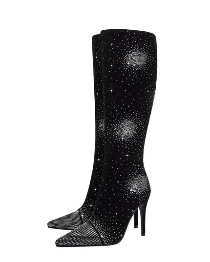 Silver Crystal Burst Black Pointed Knee High Boots-4