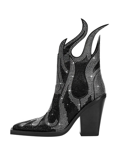 SIlver Embellished Flame Black Ankle Boots-2