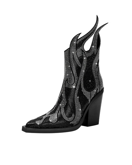 SIlver Embellished Flame Black Ankle Boots-3
