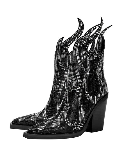 SIlver Embellished Flame Black Ankle Boots-4