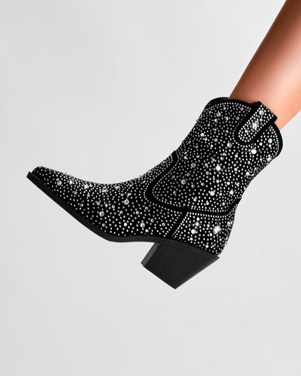 Silver Encrusted Black Pointed Toe Ankle Boots-2