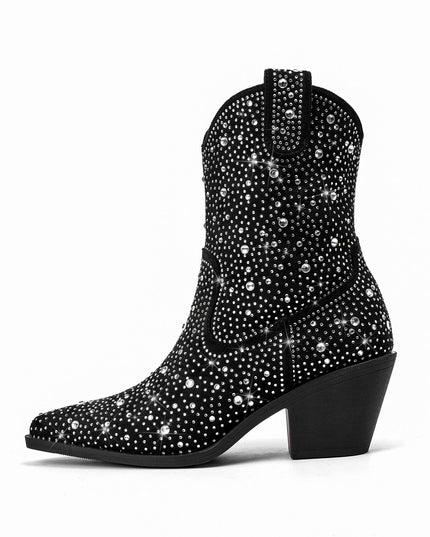 Silver Encrusted Black Pointed Toe Ankle Boots-3