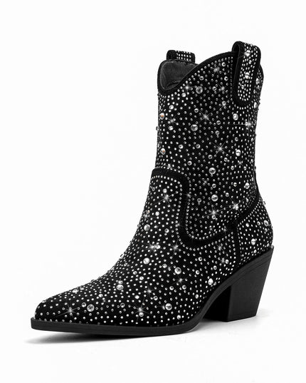 Silver Encrusted Black Pointed Toe Ankle Boots-4
