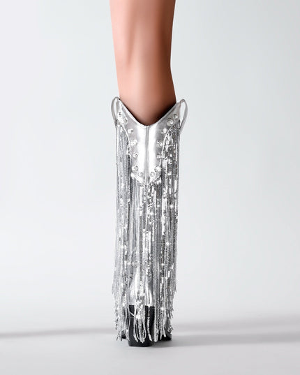 Silver Fringe Cowboy Knee High Boots-1